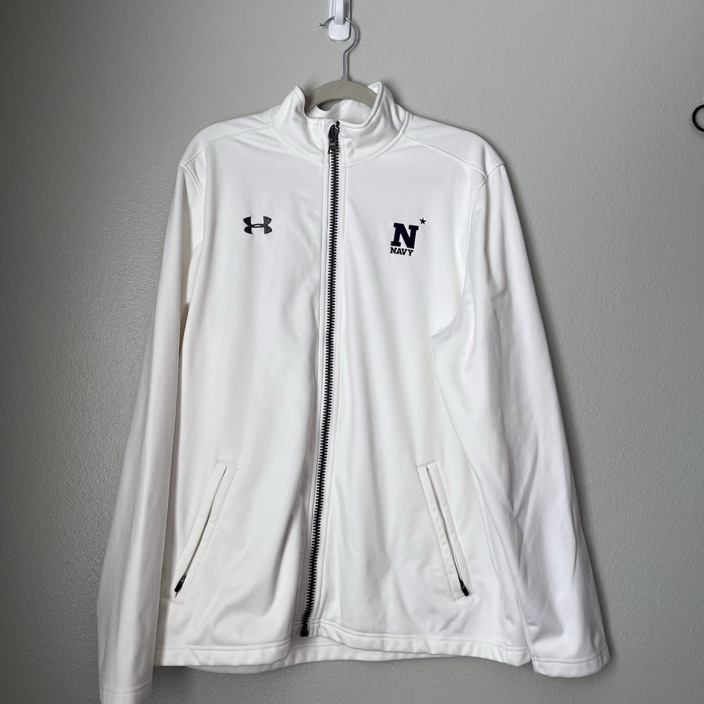 Under Armour Navy Men Large Full Zip Loose Collared Jacket White Pocket Military